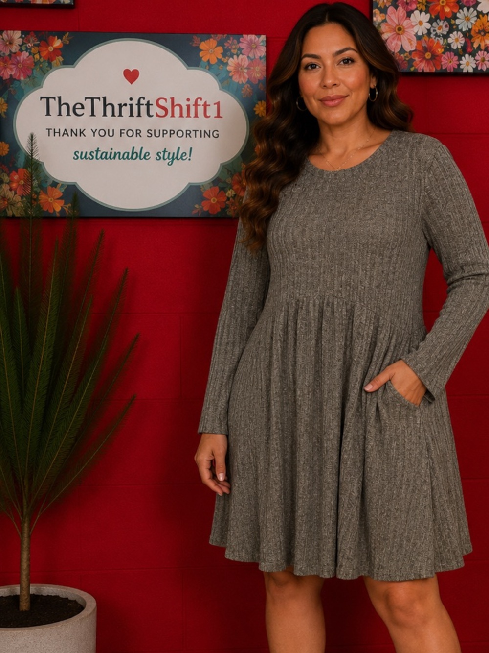 Ofeefan Heathered Gray Ribbed Long Sleeve Swing Dress Size Large